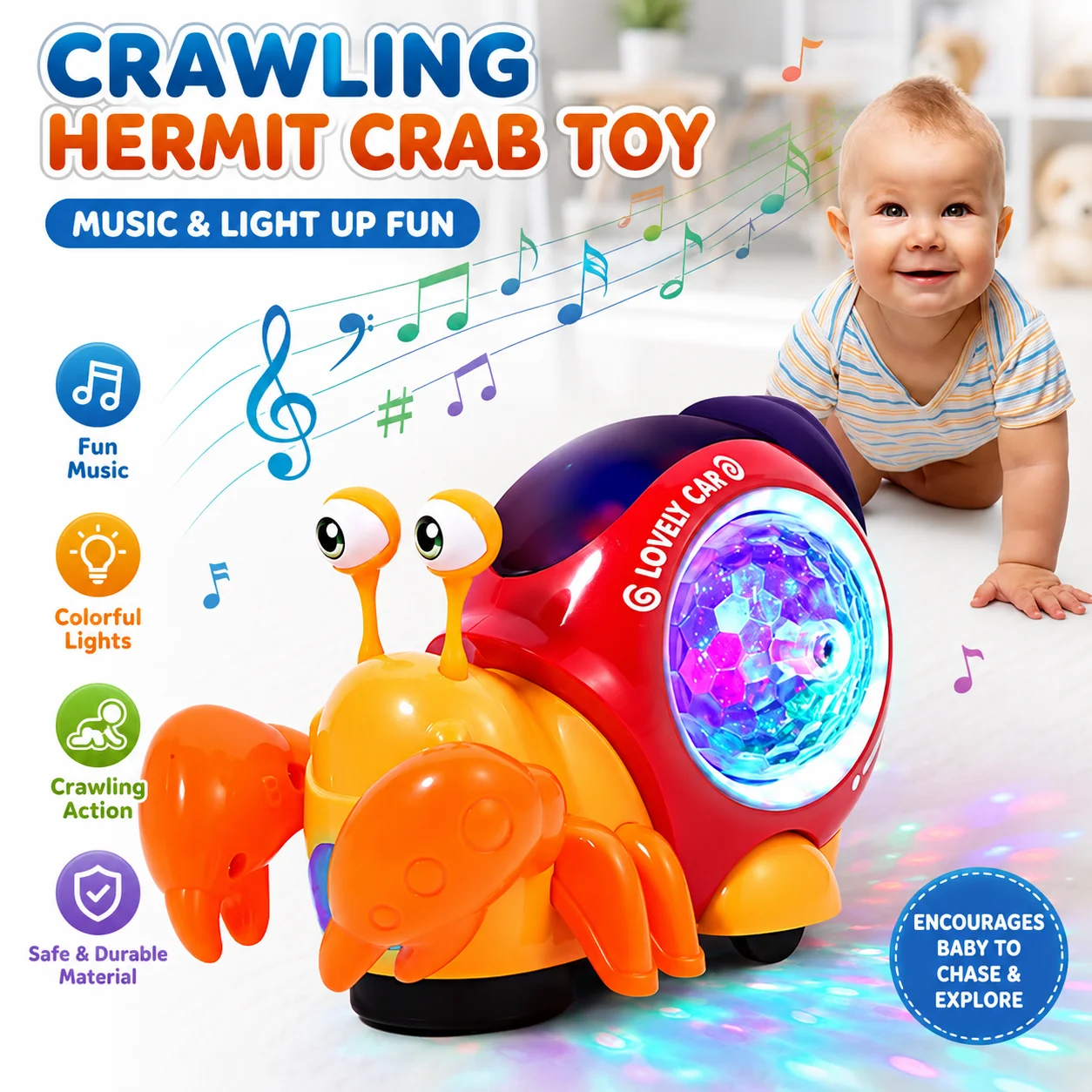 

Hermit Crab Toy for Babies with Music And Flashing Lights Crawling Feature Educational Plaything