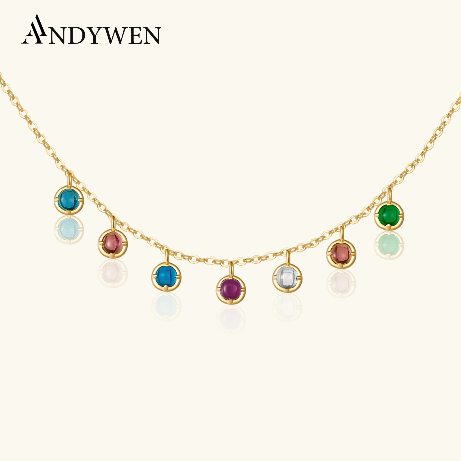 

ANDYWEN 925 Sterling Silver Gold Rainbow Chain Colorful Gems Charm Beads Choker Necklace 2024 Women Luxury Fine Jewelry