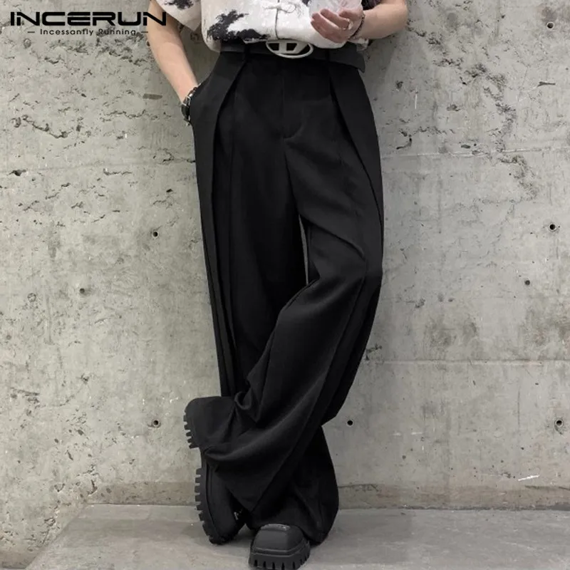 INCERUN 2024 Korean Style Men\'s Trousers Personality Cutting Design Wide Leg Pantalons Solid Leisure Streetwear Long Pants S-5XL