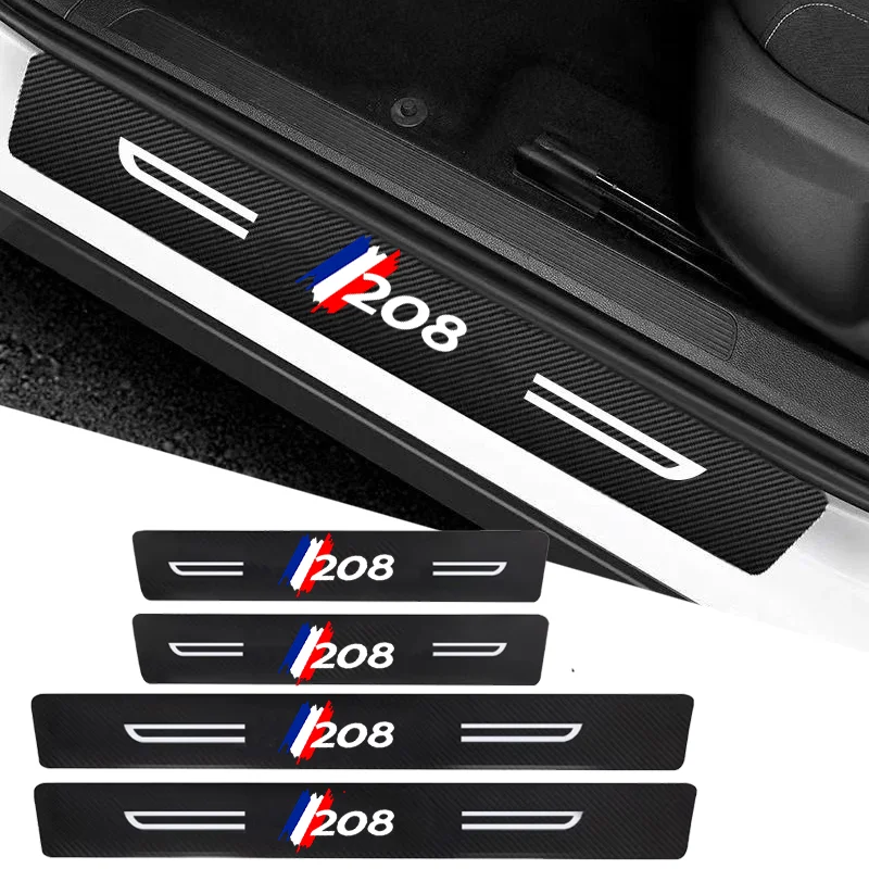 For Peugeot 208 Logo Threshold Scuff Scratch Strip Carbon Fiber Car Door Sill Protect Film Anti Kick Sticker Auto Accessories