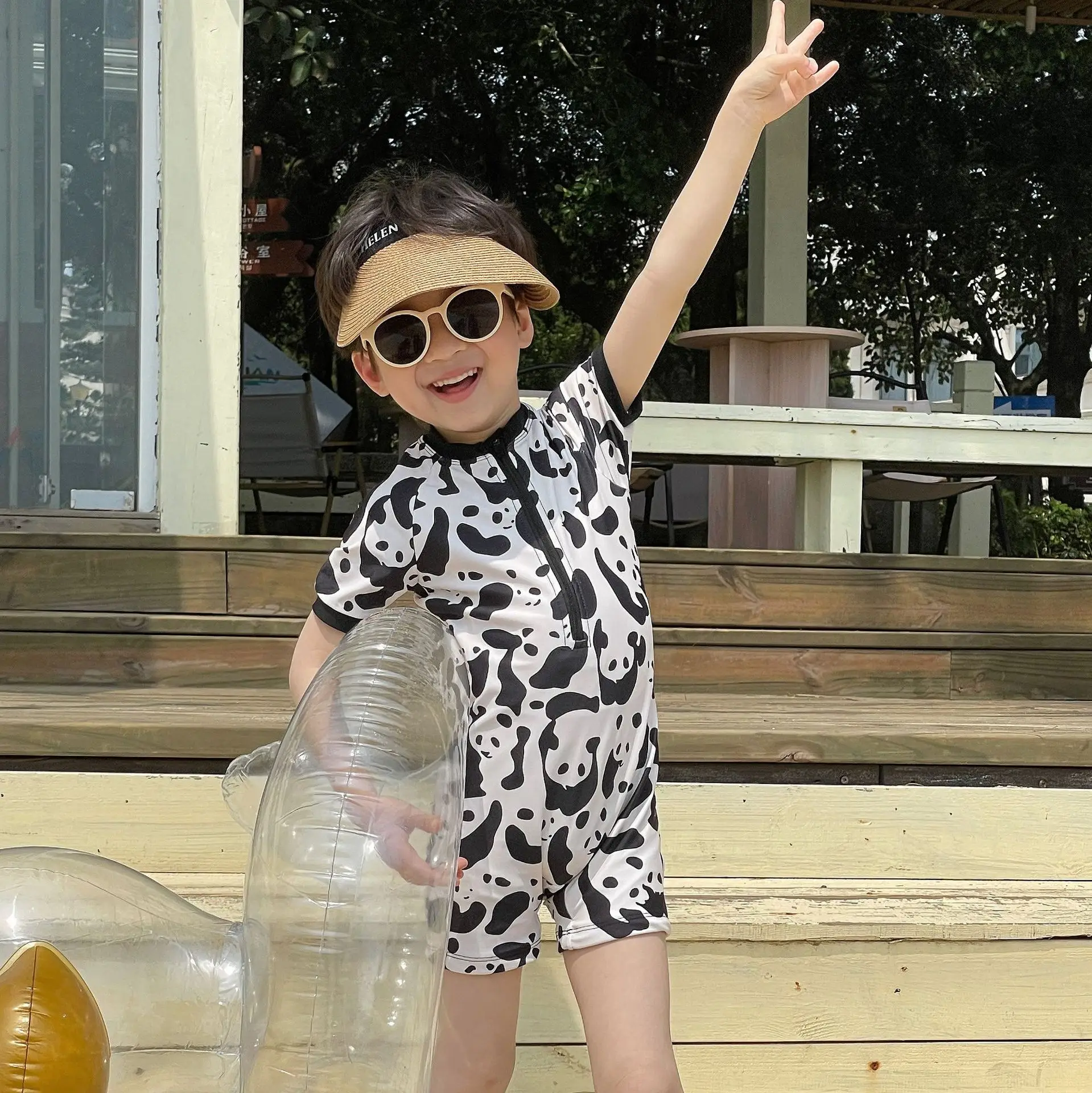 Kids Summer One-piece Swimsuit Baby Boys Short Sleeve Quick-Dry Cute Cartoon Panda Surfing Suit Swimwear Toddler Bathing Suit