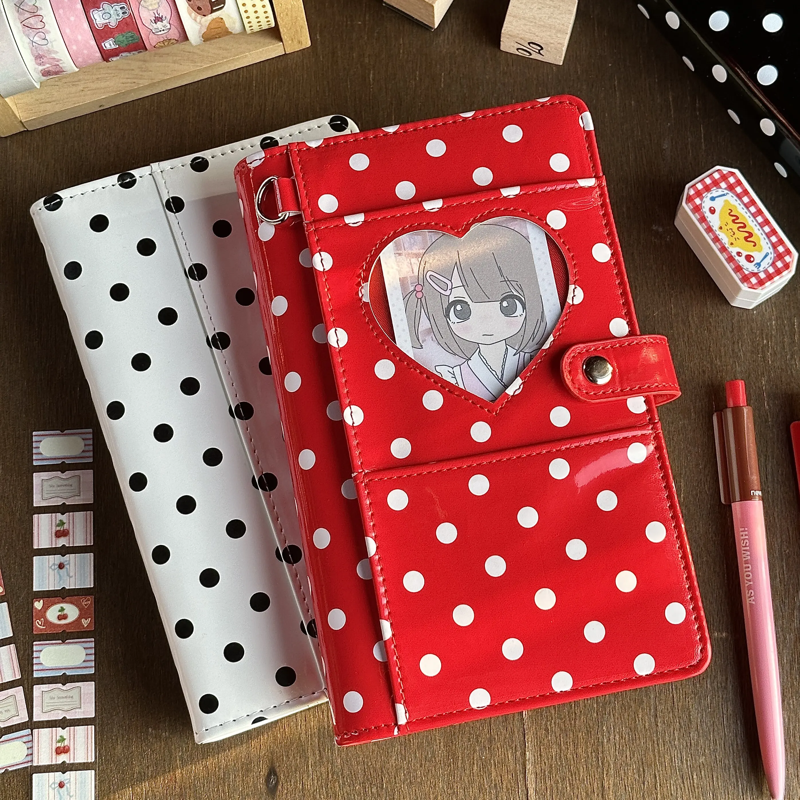 Retro Red Heart Polka Dot A6 Loose Leaf Notebook – Stylish Portable Journal Diary for Students, High Appearance Travel Noteboo