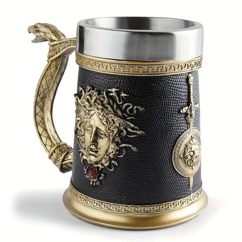 Norse Medusa Snake Beer Mug Tankard Stein Cup Viking Stainless Steel Inner Whiskey Cup Bar Decor Halloween Gift
