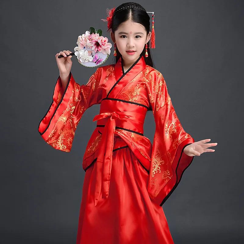 Chinese silk robe Costume Girls Children Kimono China Traditional Vintage Ethnic Fan Students Chorus Dance Costume Hanfu