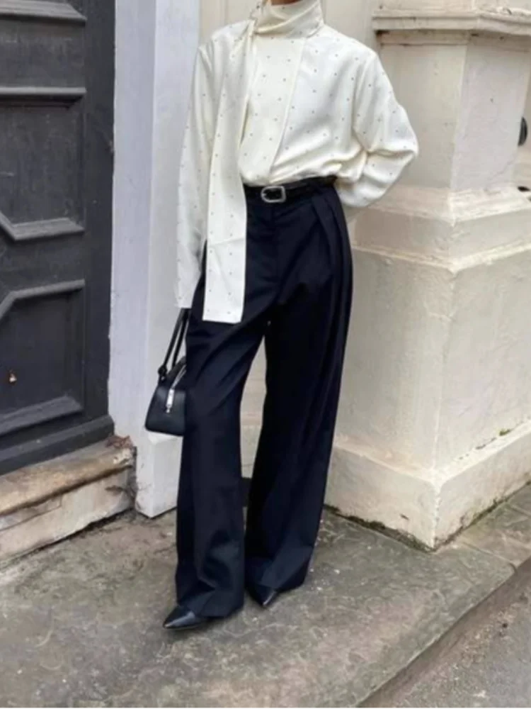 وشاح من الساتان الرقبة البولكا نقطة الطباعة المرأة بلوزة موضة كم كامل فضفاض الأساسية قميص سيدة الخريف جديد Highstreet تخفيف ارتداء #5