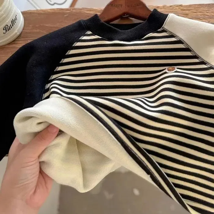 Autumn Winter Children Boy Striped Sweatshirt Cotton Spliced Long Sleeve Velvet Toddler Boy Pullovers Infant Baby Boy Undershirt