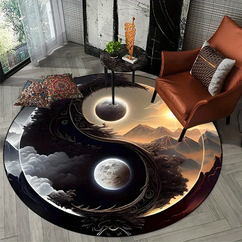 Yin Yang Sun Moon Mountain Rug Round Flannel Balance Harmony Nature Scene Floor Mat for Zen Meditation Space Spiritual Decor - view 5