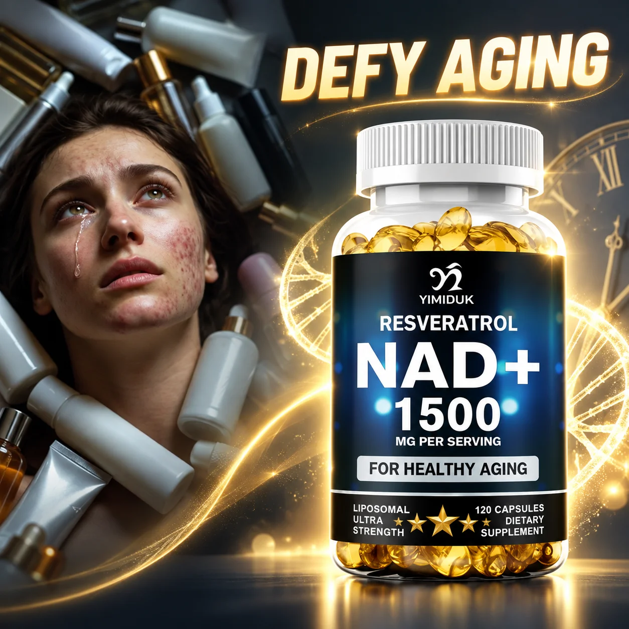 Liposomal NAD Supplement Capsules, with Resveratrol, Anti-aging, Energy, Focus Support, Promotes Cell and Skin Health