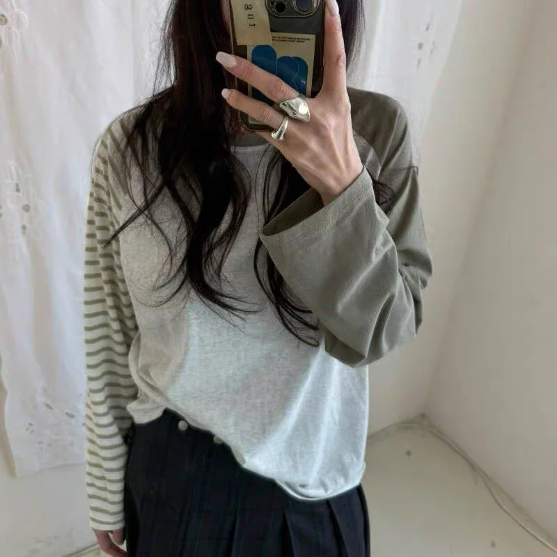 Fashionable Striped Long Sleeve Knitted T-Shirt Color Block Classic Casual Women's Top Chic Versatile Small Audience
