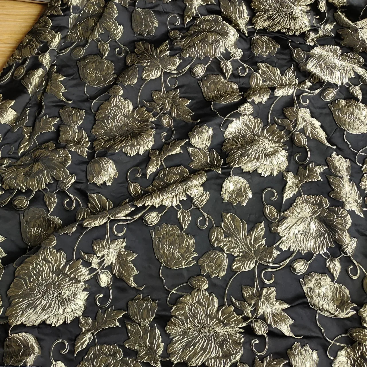 

Embossed Gold Black Flower Jacquard Fabric Bubble Cloth 155cm Wide - Sold By The Meter