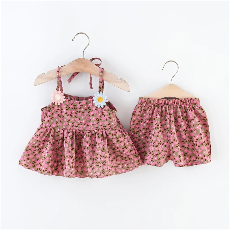 Summer 2-piece/set girl\'s suspender set baby girl full of small chrysanthemum print suspender shorts set