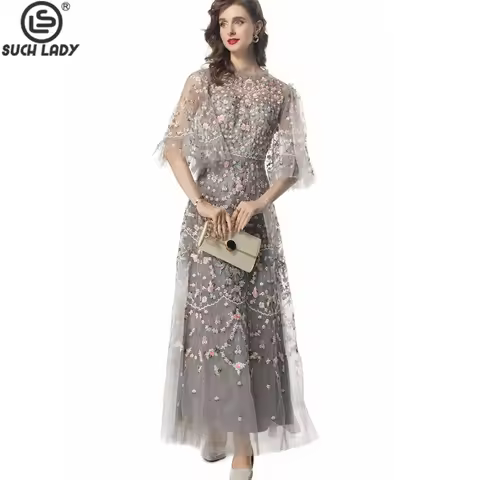 Women's Runway Dress O Neck Half Sleeves Embroidery Elegant Mesh Party Prom Evening Gown