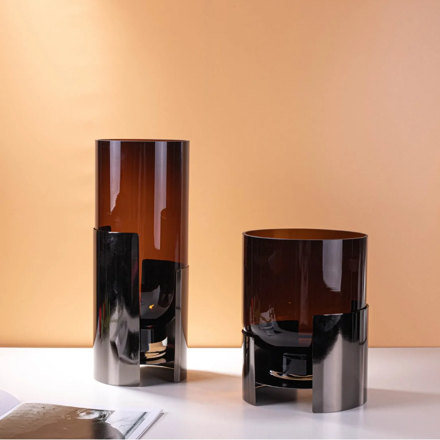 *Yd^ Glass Vase Amber Double Layer Glass Container Floral Arrangement Accessories Terrarium Room Decoration Accessories