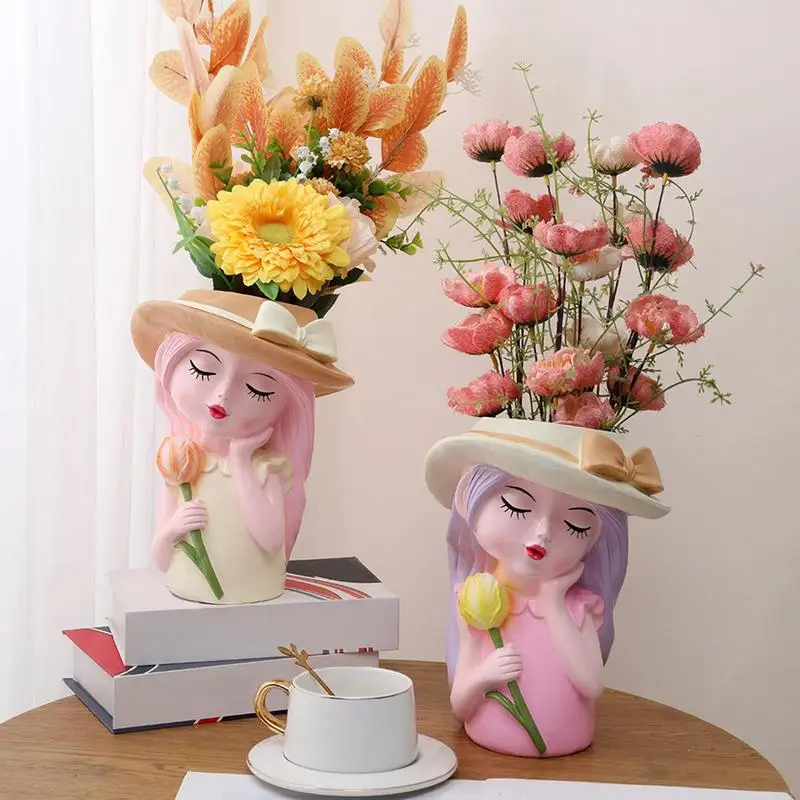 Face Planter Cute Girl Face Vase Head Flowerpot Resin Statue Plants Container Hand Painted Novelty Sculpture Planter For Home