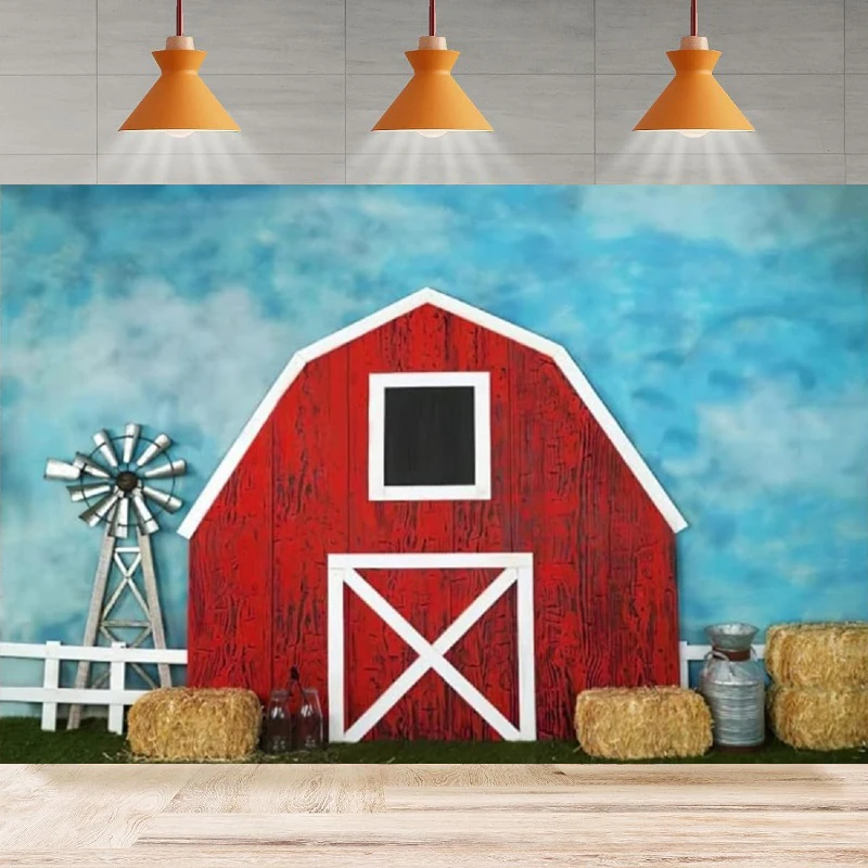 Red Barn Door Haystack Photography Backdrop Farm Harvest Birthday Background Cake Table Home Party Backdrop Wall Banner Decor