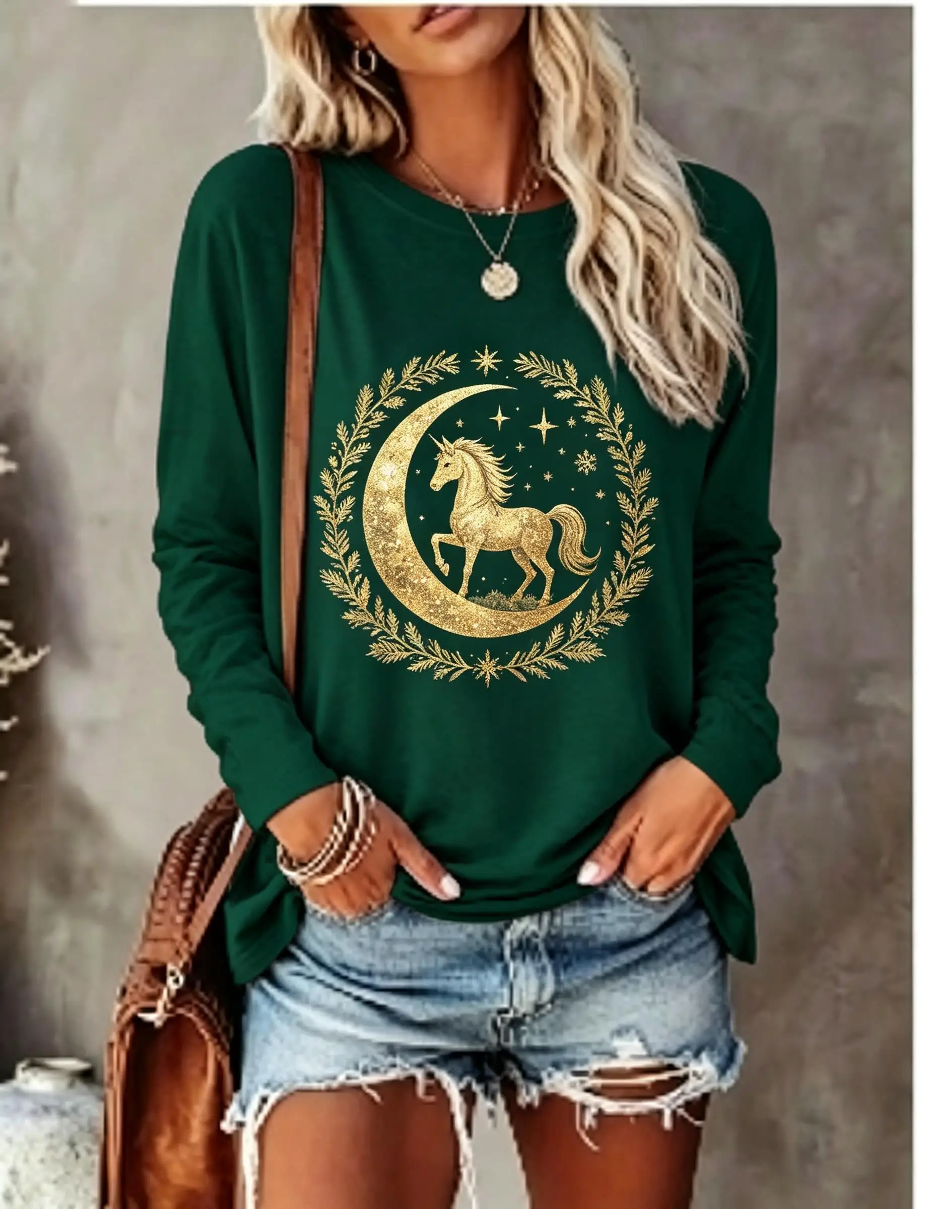 Women Long Sleeve T‑Shirt Christmas Golden Deer Moon Star Snowflake Botanical Retro Print Crew Neck Casual Winter Tops