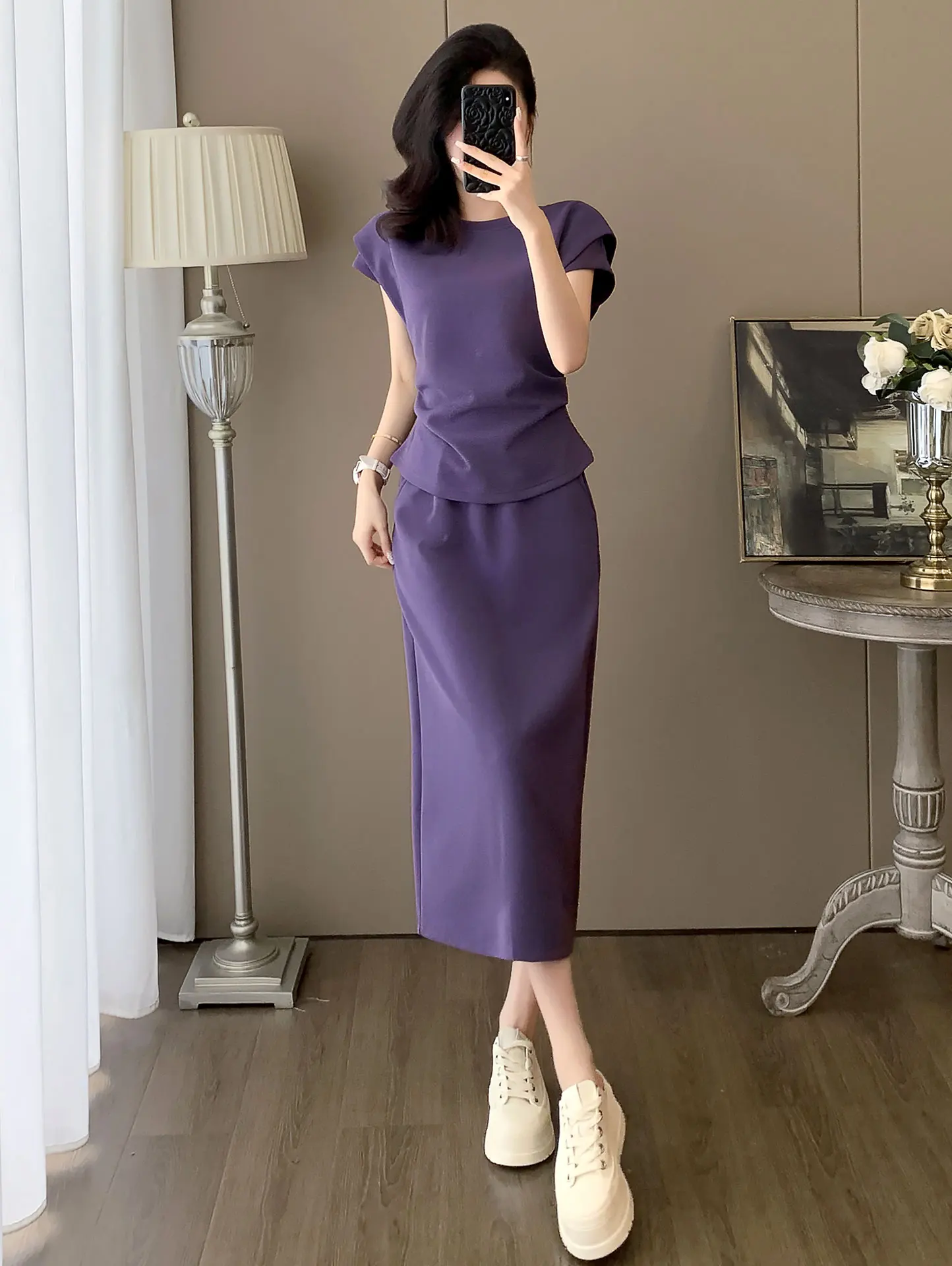 ele-casual-women's-faion-set-summer-2025-new-high-waist-skirt-ort-sve-top-two-piece-cotton-round-ne-ensemble