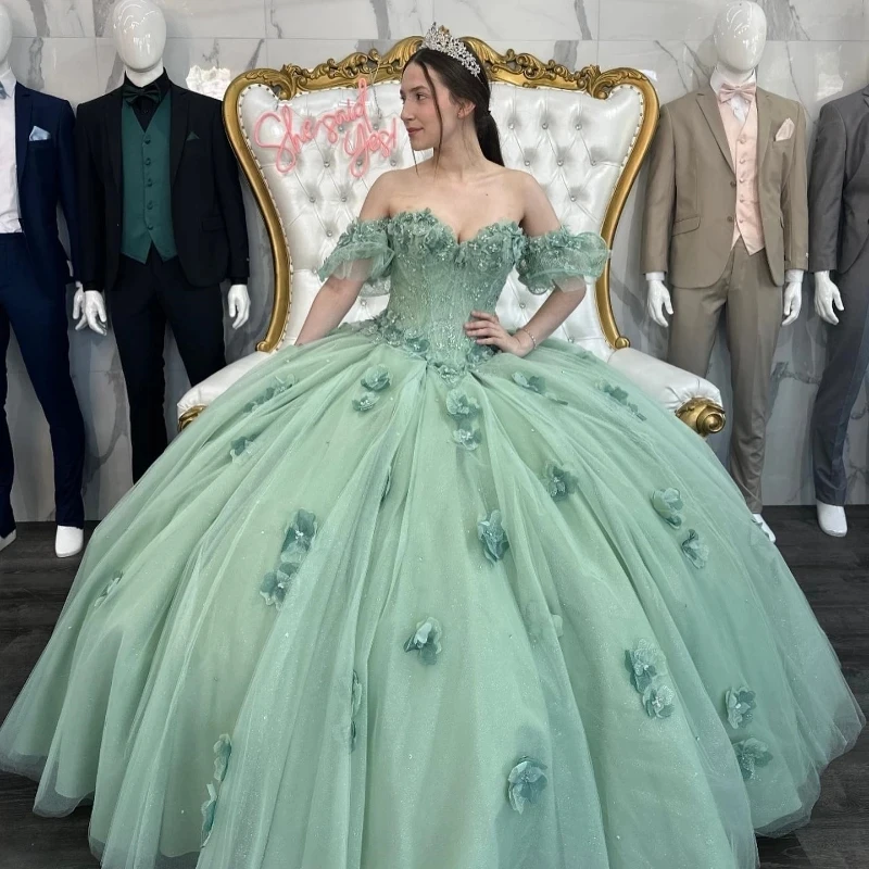 Hellgrüne vestido de xv años von der Schulter Quince anera Kleider 2024 süße 15 Ballkleider kurze Ärmel Blumen Festzug Kleid