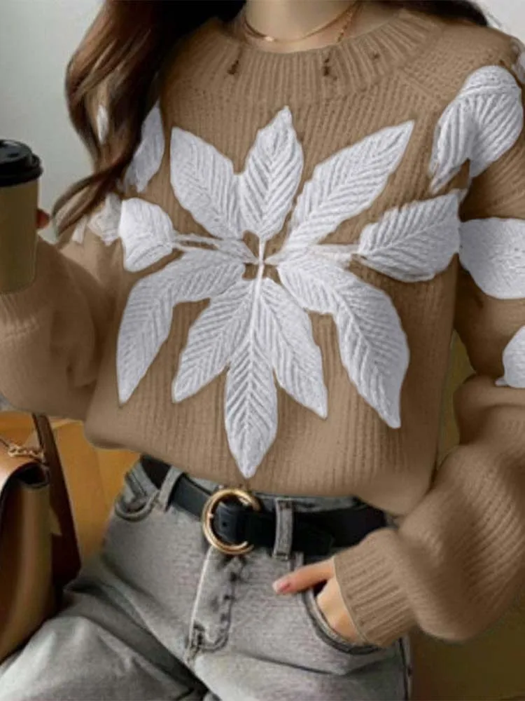 

Женский вязаный топ с круглым вырезом и контрастной цветочной вышивкой, приятный для кожи материал, повседневная и универсальная мода