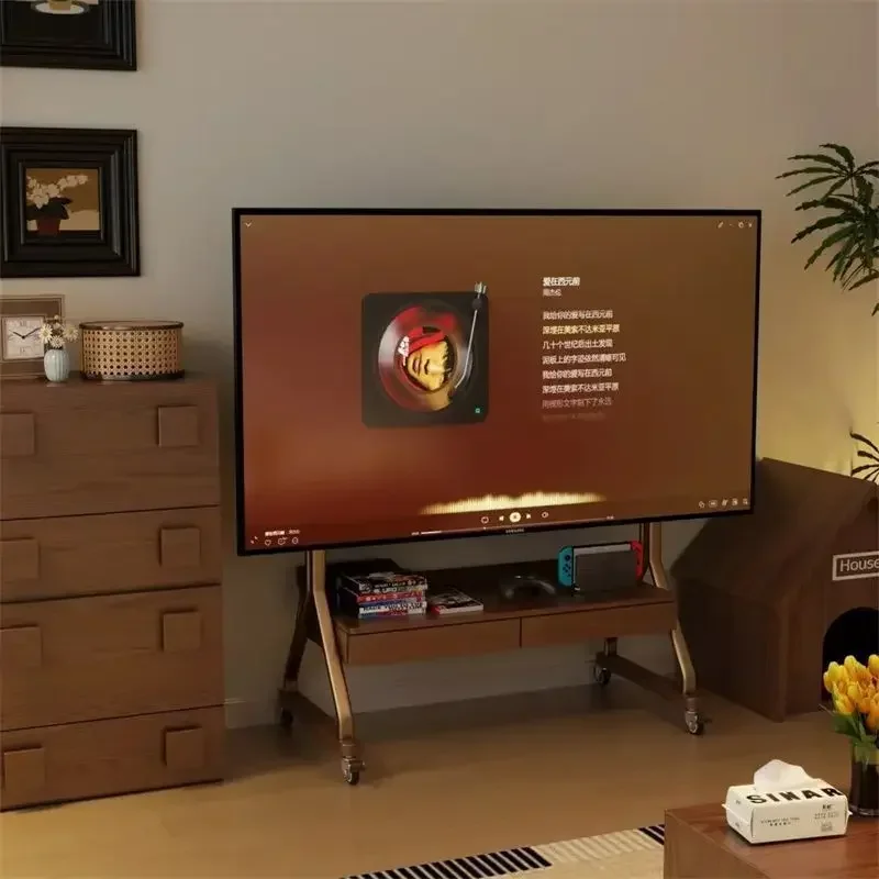 Retro solid wood removable TV cabinet with wheels living room home