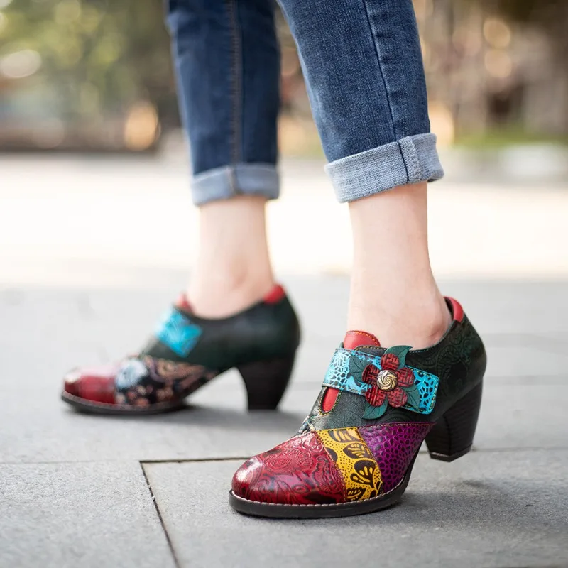 

Spring Shoes Female Printed Patchwork 4.5CM College Style Pumps Square Toe Genuine Leather Fashion Hook Loop Shoes Girls Shoes