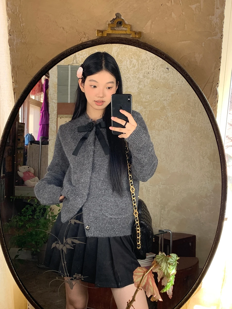 

Вязаный открытый кардиган женский, весна 2026, новинка, в стиле колледж, верхняя одежда, ретро-свитер, куртка с низким круглым вырезом, длинный рукав