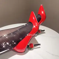 Red Rose Flower Sculpture Heel Pumps Patent Leather Pointy Toe Fashion Women Sexy Slip On Summer Sandals Party Dress Casual Shoe