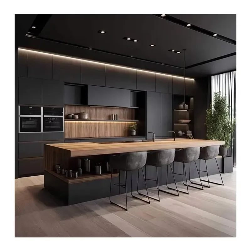 Luxury durable veneer locker black island sink base living room kitchen cabinet