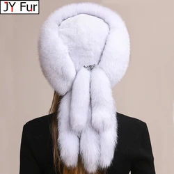 Winter Women Fox Fur Hat Fluffy Soviet Female Outdoor Warm Cap Snow Fur Hats 5 tails Real Fox Fur Cold Bomber Hats