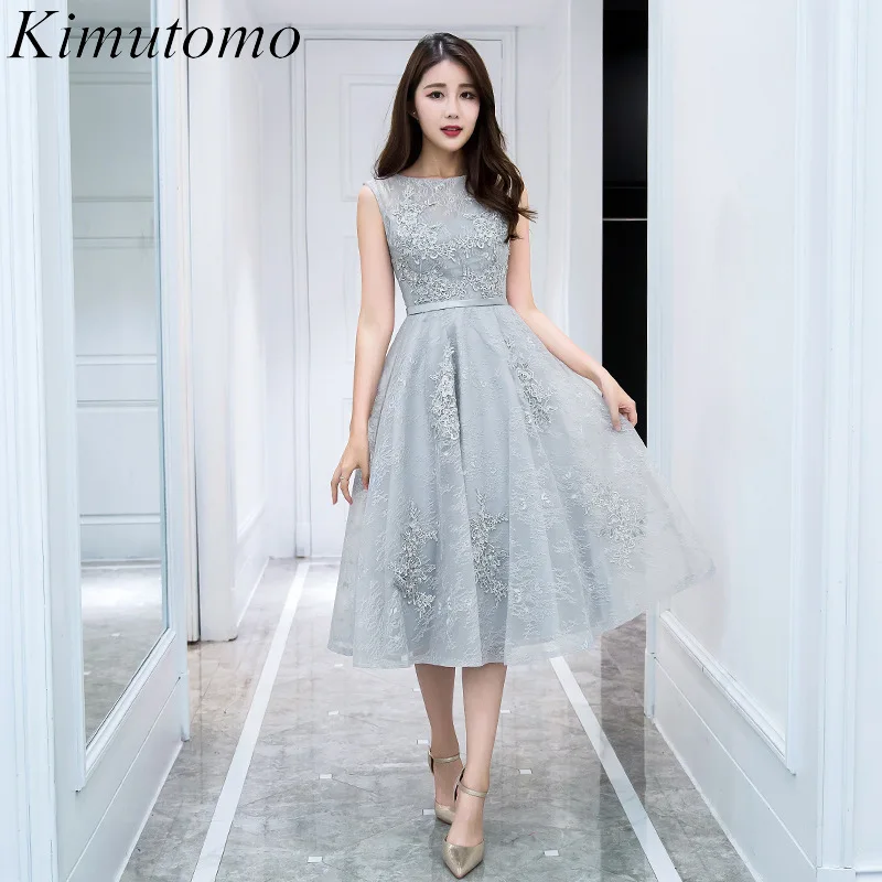 

Kimutomo Hook Flower Lace Dress for Women High Waist Sleeveless Evening Dresses Celebrity Style Solid Birthday Party Vestidos