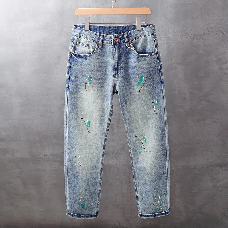 

Spring Summer New American Style Trendy Cool Ink Splash Jeans Men Loose Straight Trendy Long Pants Wide Leg Pants