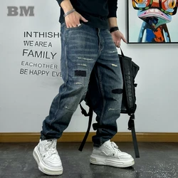 American High Quality Patch Ripped Jeans For Men Korean Fashion Denim Cargo Pants Streetwear Hip Hop Skateboard Trousers Male