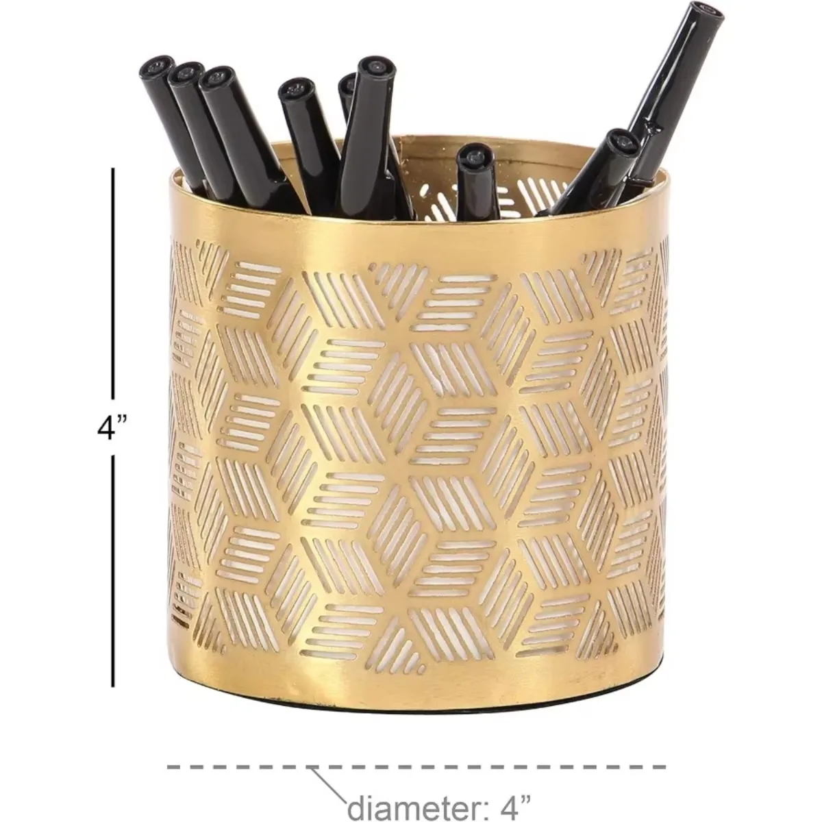 레이저 디자인이 있는 세련된 금속 펜컵, 가정 및 사무실 책상용 금색 기하학적 홀더