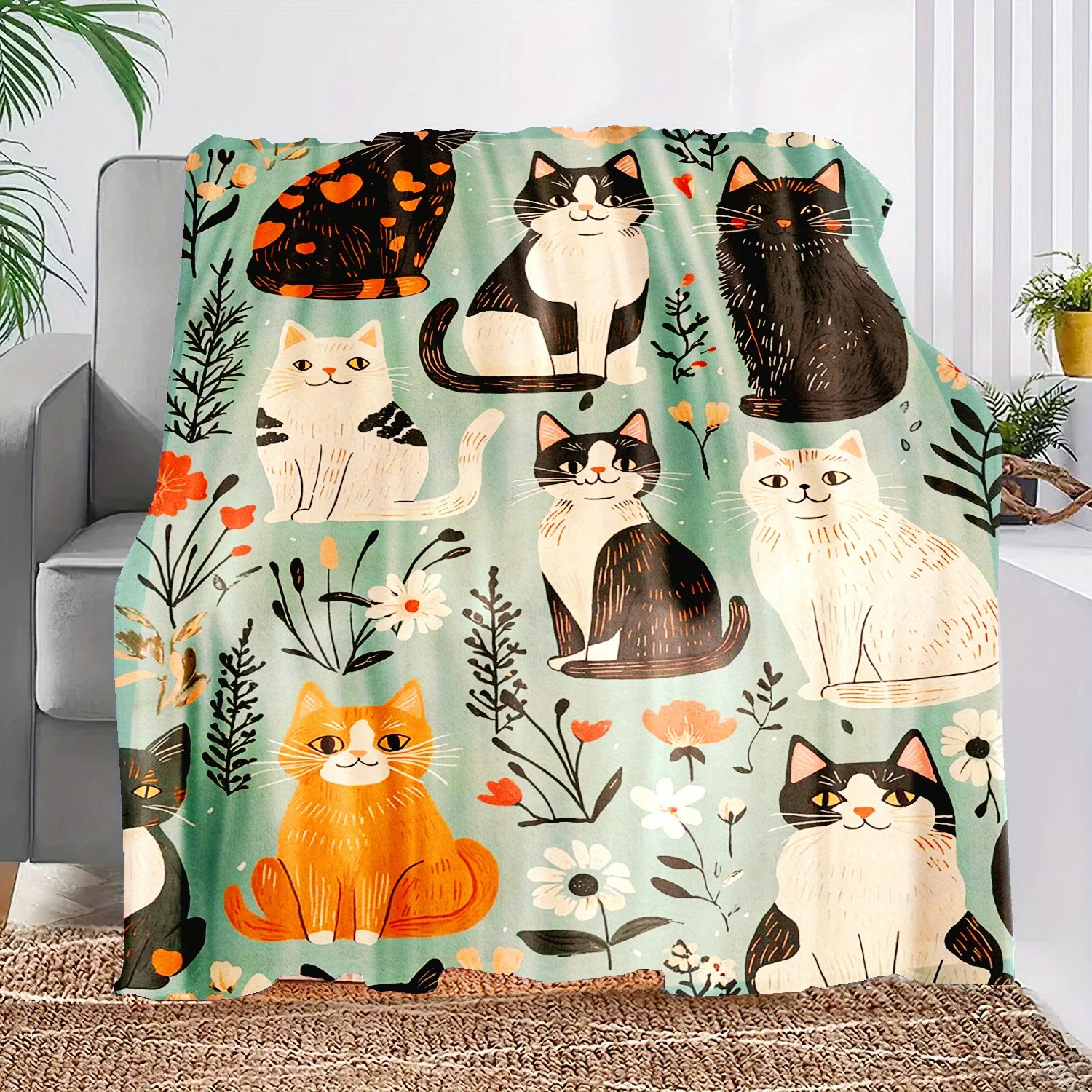 Cozy Cat Print Flannel Throw Blanket - Perfect Gift for Girls, Granddaughters & Daughters , for Outdoor, Beach, Camping, Sofa