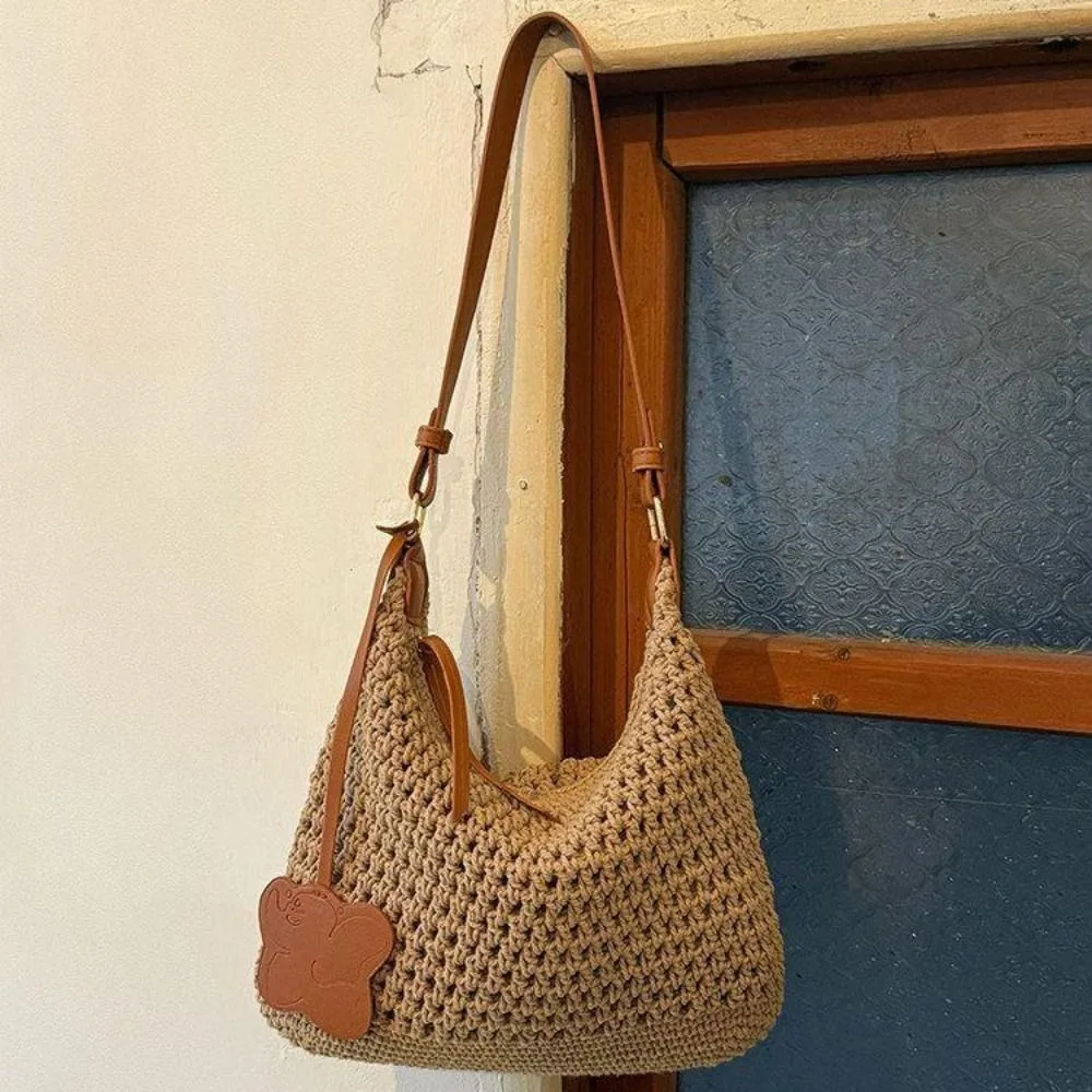 New Handmade Woven Handbag Hollow Design Straw Weave Straw Tote Bag Commuting Ready Beach Vacation Bag School Use