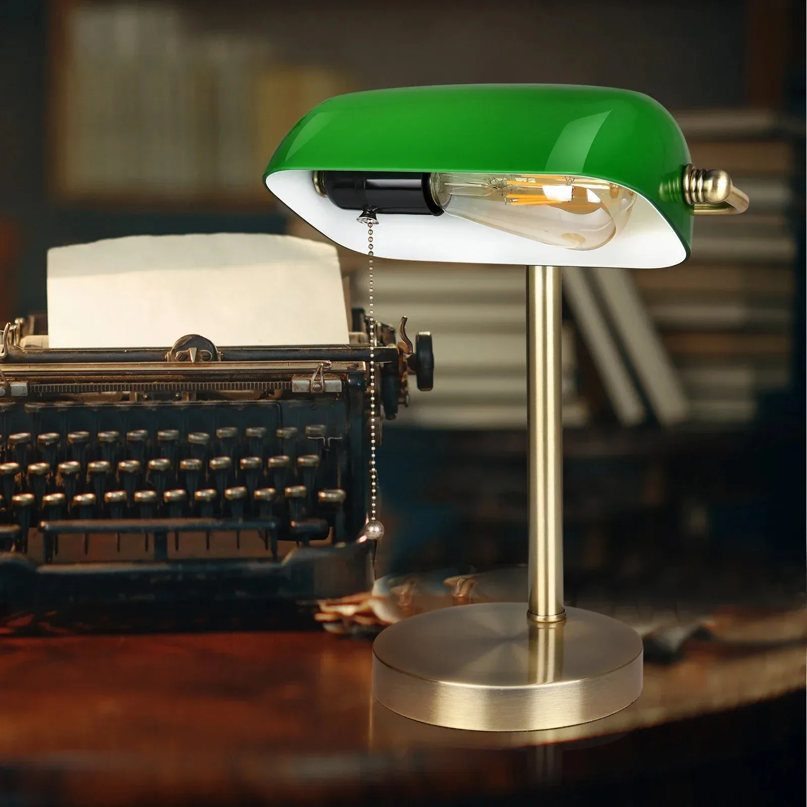

Retro desk light E27 antique green glass bank table lamp with chain switch prodive EU/US/UK plug