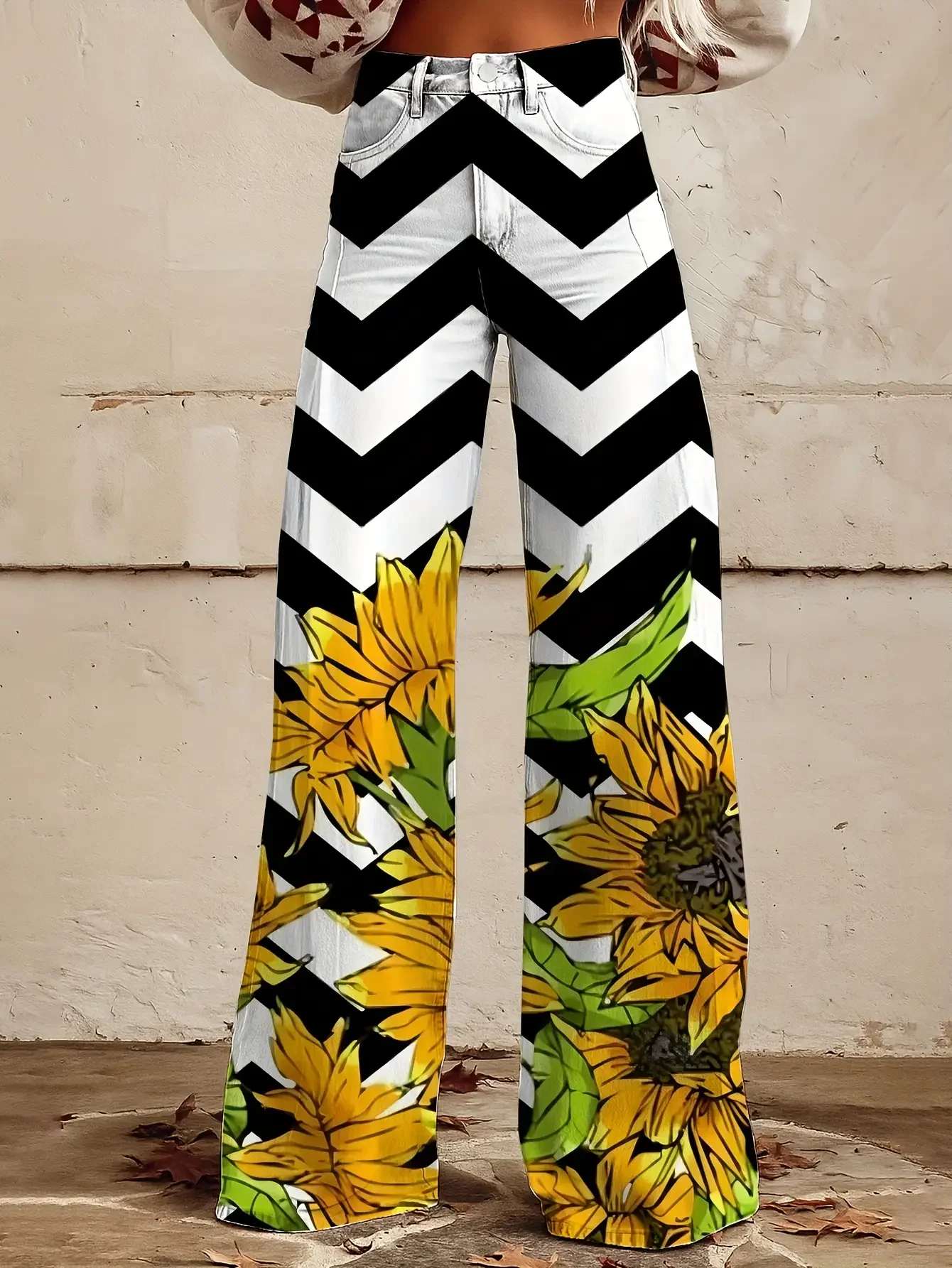 

Women's new casual jeans with a variety of colorful western prints, loose wide leg design, Oversized sunflower pattern