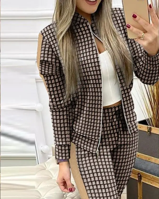 Two Piece Set Women Sporty Plaid Print Zip Up Baseball Collar Long Sleeve Jacket Tops and Drawstring High Waist Sweatpants Set