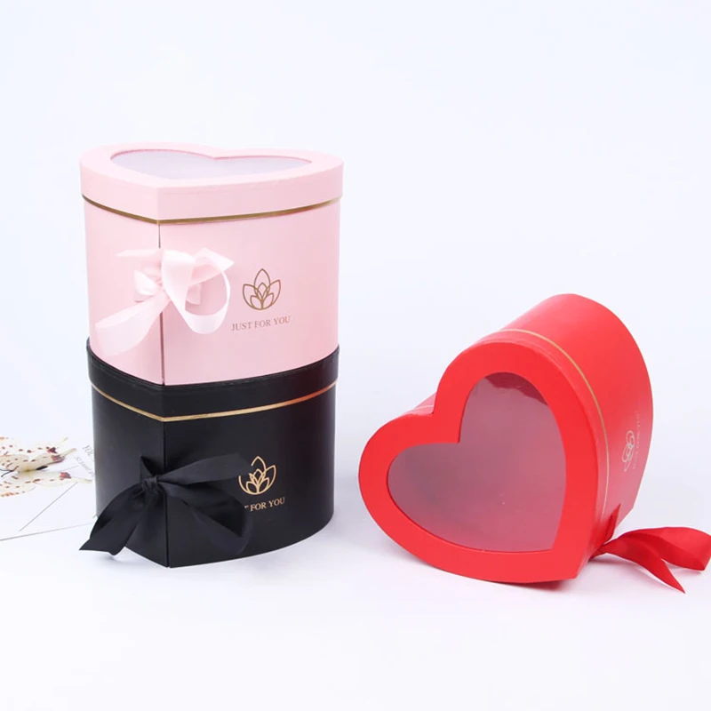 New Heart Shaped Double Layer Rotating Gift Box PVC Window Flower Box Valentine's Day Gifts Packaging Bag Wedding Party Decora