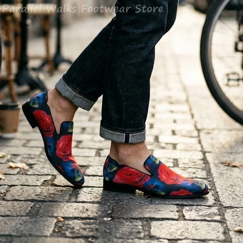 Men Square Toe Slip‑on Loafers Floral Rose Print Dress Shoes Colorful Pattern Formal Party Wedding Fashion Casual Business Shoes