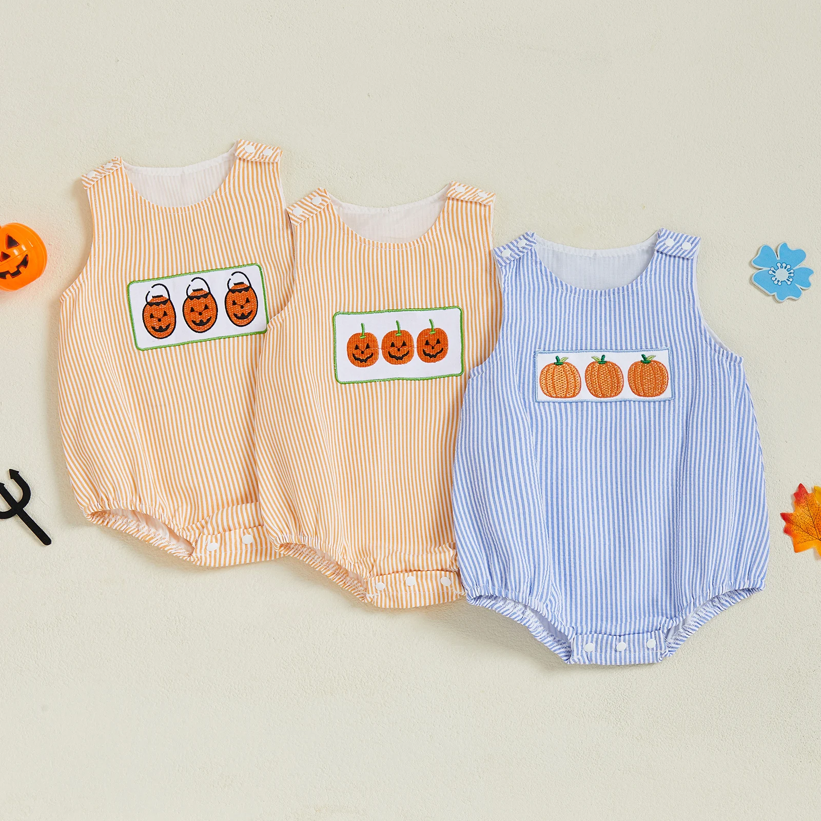 

2025-05-06 Lioraitiin Baby Girls Boys Halloween Romper Sleeveless Embroidery Pumpkin Stripes Bodysuit Overalls Clothes
