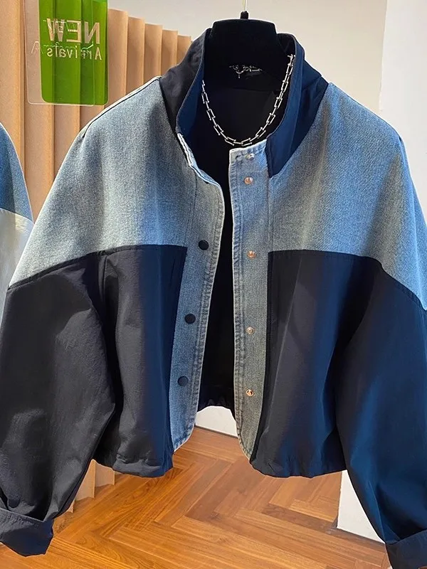 High-End Denim Patchwork Opstaande Kraag Jaet Herfst Loose Fit Ort Sle Veelzijdige Dames Plus Size Inner Wear Top
