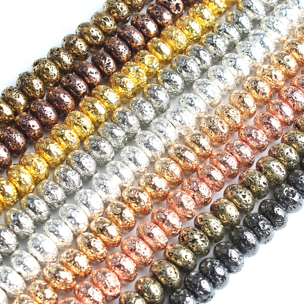 6/8/10mm Rondelle Plated Gold Volcanic Lava Bead Natural Stone Abacus Loose Beads for Jewelry Making DIY Bracelets Accessories