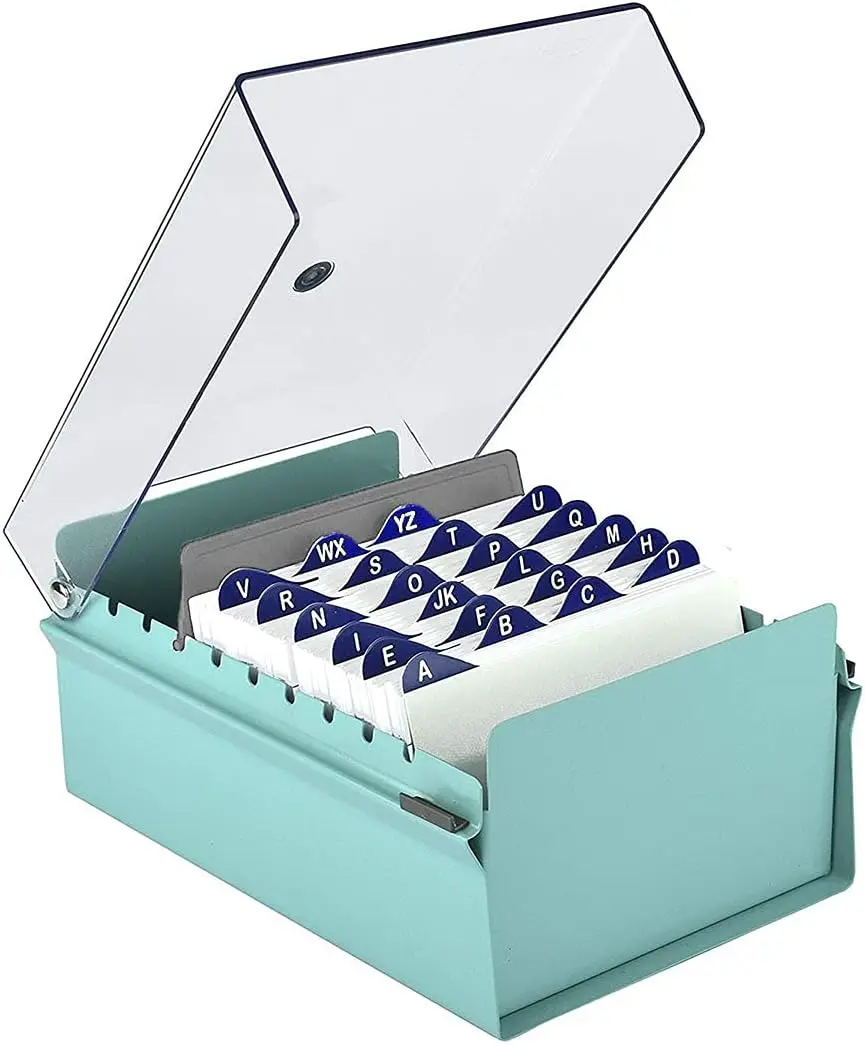 

Heavy Duty Metal Card File Holder with Clear Lid, AZ Index Dividers for 4x6 Cards, Green