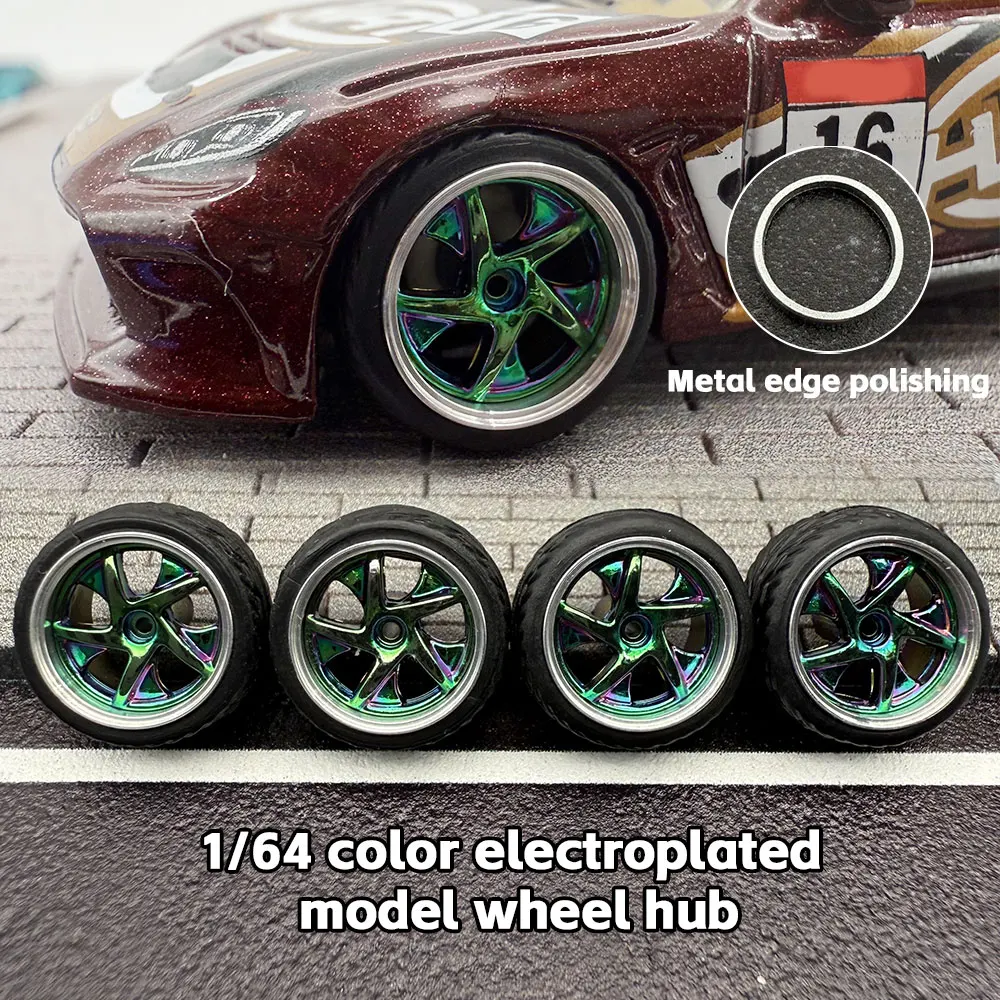 

Kicarmod 1/64 Model Car Iridescent Wheels 11mm Electroplated ABS Rims with Rubber Tires, ABS Wheels & Rivet Axle 4pcs/bag