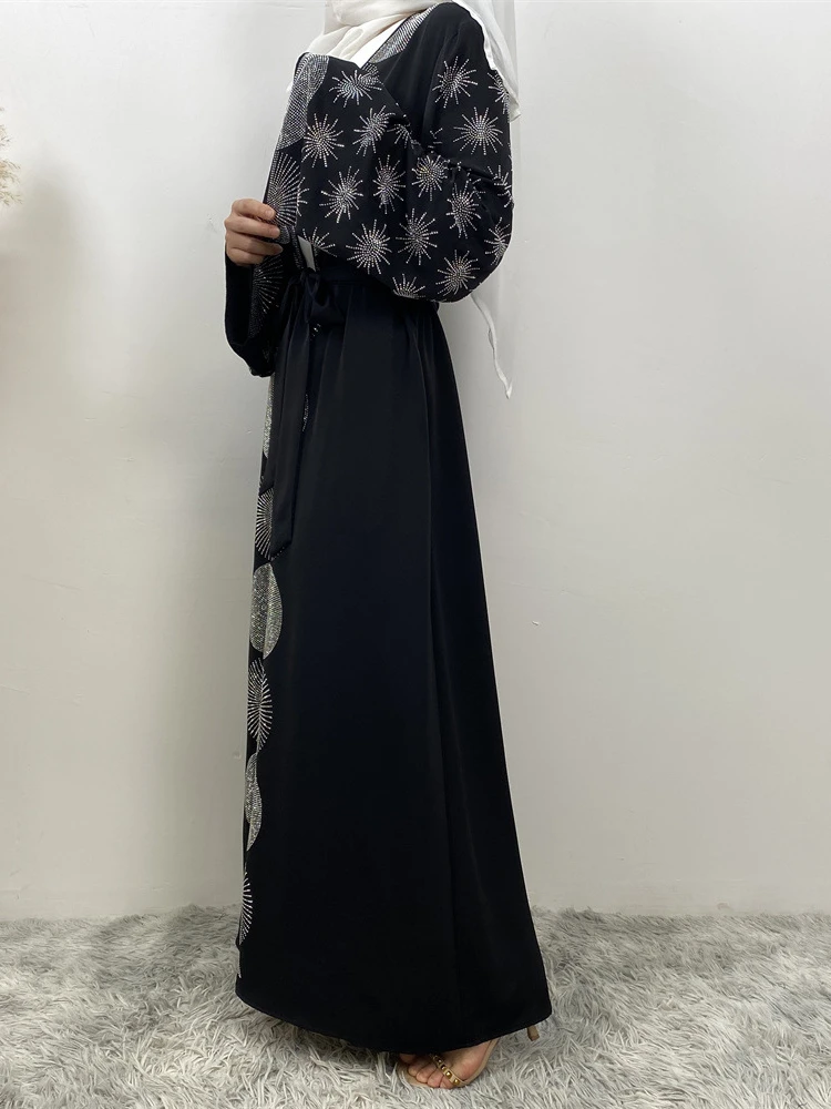 Eid Muslim Party Abaya for Women Ramadan Cardigan Diamond Beading Long Dress Kaftan Vestidos Largos Dubai Robe Jalabiya 2024