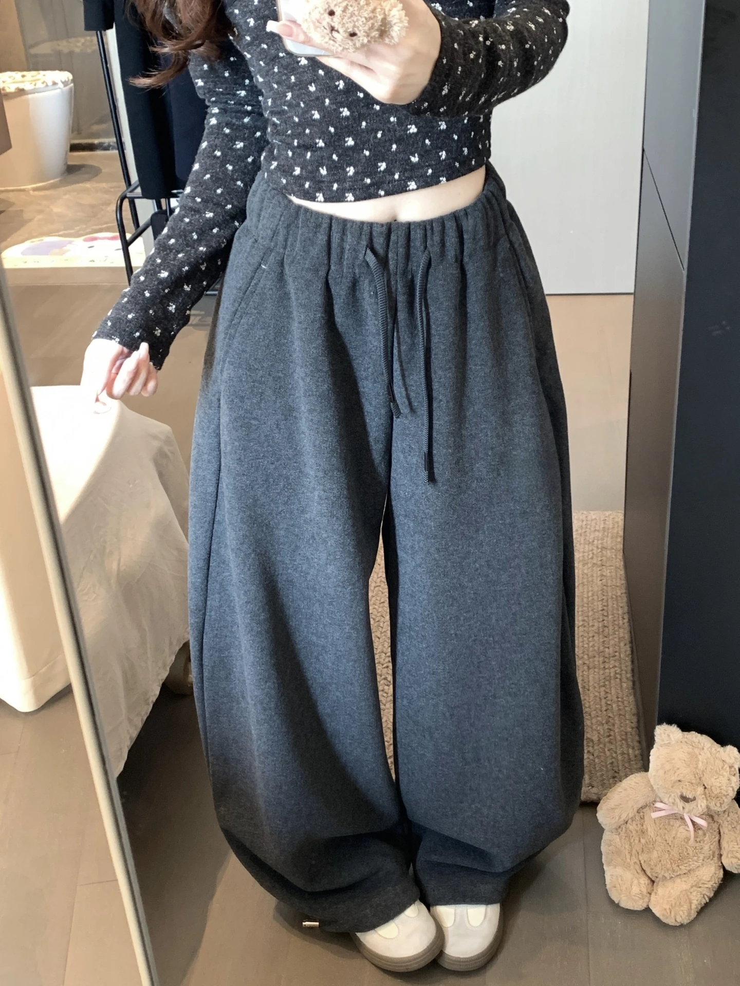Thickened Fleece Wide Leg Pants Women's Autumn Winter Loose Slimming Cuffed Casual Sports Sweatpants Rice Noodle Pants