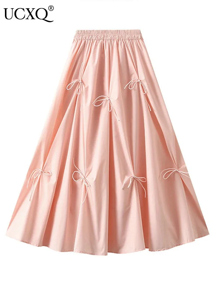 

UCXQ Elegant Fashion Skirt Fairy Style All Match Patchwork Bow High Waist Vintage Umbrella Skirt Women 2024 Spring Summer 3A9515