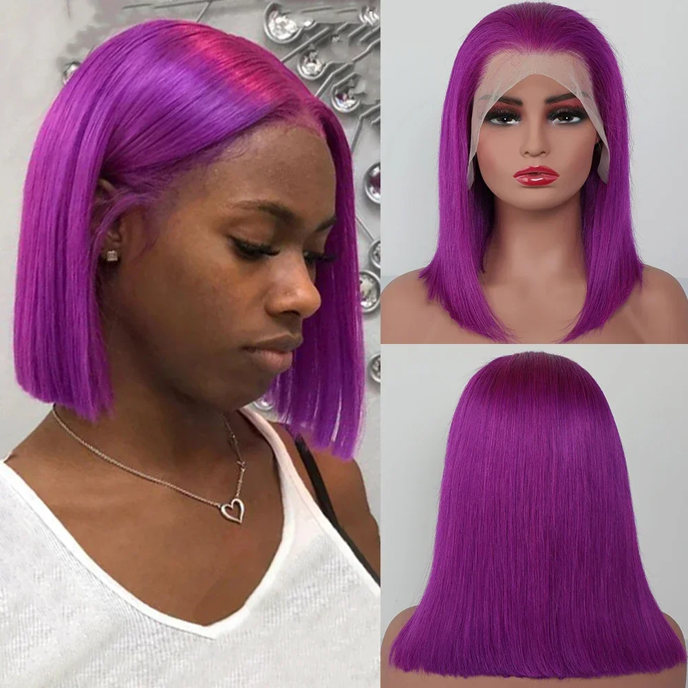 紫色のショートボブウィッグ人毛13x4レースフロントウィッグ人毛180%密度ショッピング中に着用するのに非常に適しています