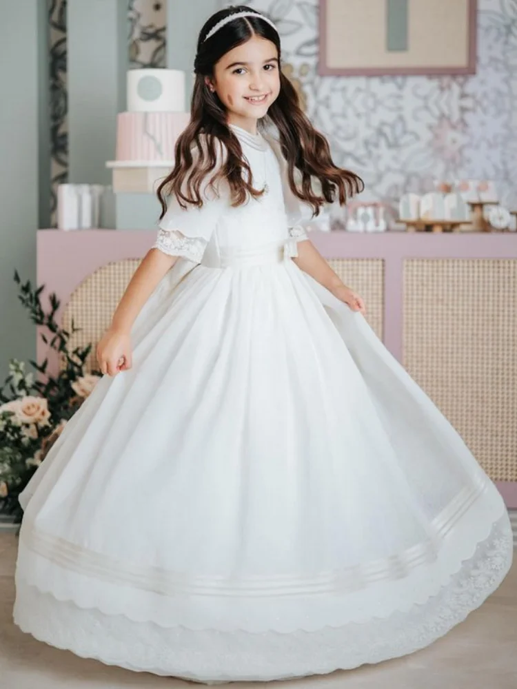 Vestidos da menina de flor branco cetim rendas apliques com arco meia manga para festa de aniversário de casamento banquete vestidos de princesa